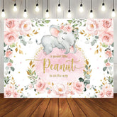 Aperturee - Pink Floral Glitter Elephant Theme Baby Shower Backdrop